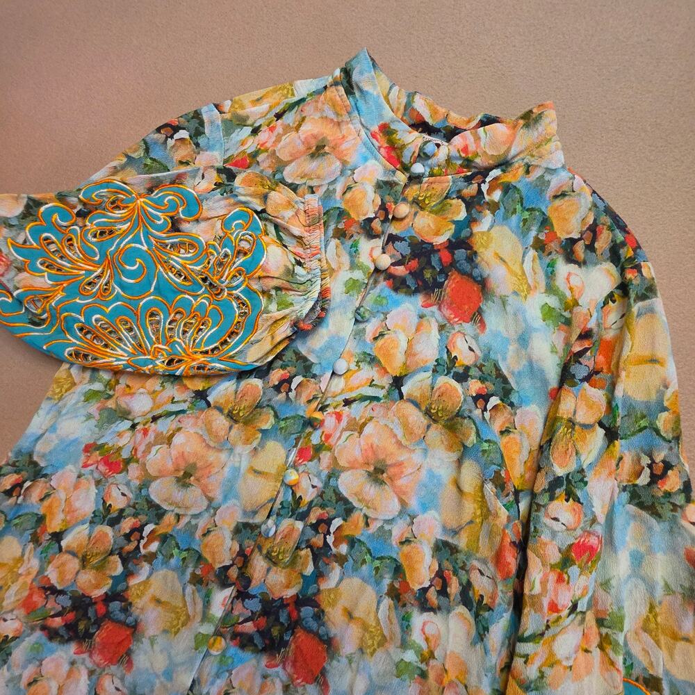 Soft Surroundings Sidney Floral Blouse Embroidered Cuff Balloon Sleeve Sz XS